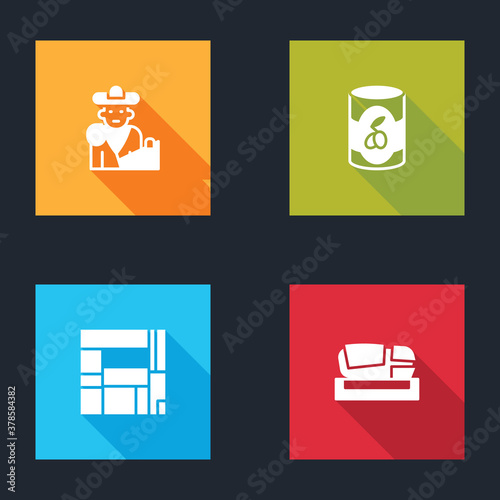 Set Bullfight, matador, Olives in can, House Edificio Mirador and Stadium Mestalla icon. Vector.