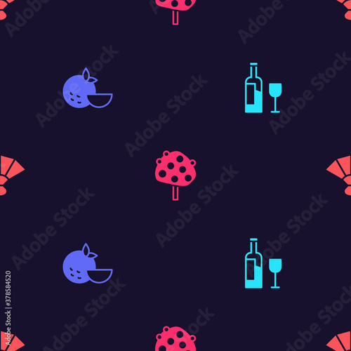 Set Wine bottle with glass, Orange fruit, tree and Fan flamenco on seamless pattern. Vector.