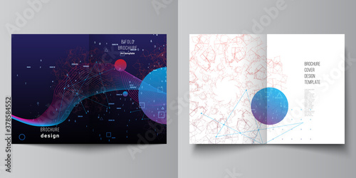 Vector layout of two A4 cover mockups templates for bifold brochure, flyer, magazine, cover design, book design. Artificial intelligence, big data visualization. Quantum computer technology concept.
