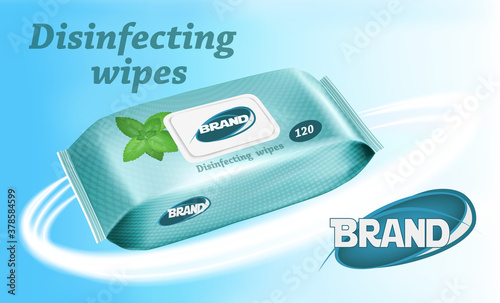 Desinfecting Wet wipes package. Realistic packing  for antibakterial wet wipes advertising design. Vector illustration