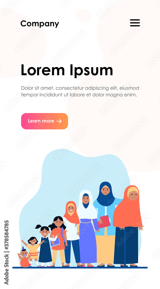 Muslim woman in different age. Adult, child, grandma flat vector illustration. Growth cycle and generation concept for banner, website design or landing web page Muslim woman in different age. Adult, child, grandma flat vector illustration. Growth cycle and generation concept for banner, website design or landing web page