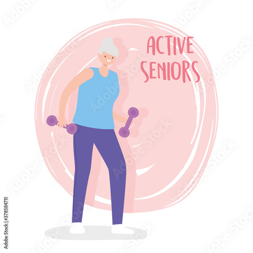 activity seniors, smiling old woman with sport dumbbells equipment