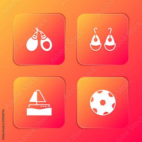 Set Castanets, Earrings, Yacht sailboat and Football ball icon. Vector.
