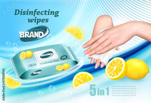 Desinfecting wet wipes with scent of limon ad template, female hands using wet wipe to desinfecting cleance. Vector illustration photo
