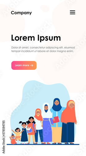 Muslim woman in different age. Adult, child, grandma flat vector illustration. Growth cycle and generation concept for banner, website design or landing web page