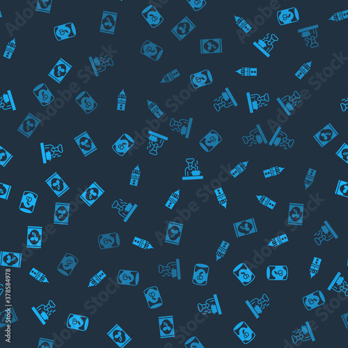 Set Olives in can, Giralda, Spanish cook and on seamless pattern. Vector.