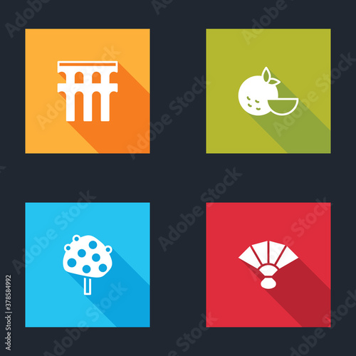 Set Aqueduct of Segovia, Orange fruit, tree and Fan flamenco icon. Vector.