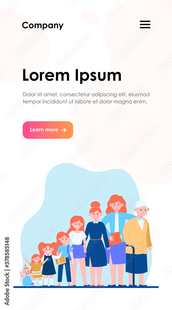Smiling woman in different age. Lady, infancy, mother flat vector illustration. Growth cycle and generation concept for banner, website design or landing web page Smiling woman in different age. Lady, infancy, mother flat vector illustration. Growth cycle and generation concept for banner, website design or landing web page