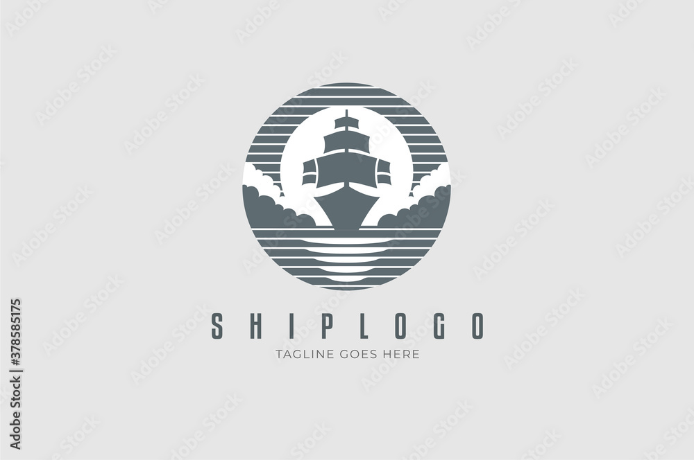 Ship Logo, silhouettee of ship, moonlight and sea combination, vector illustration Ship Logo, silhouettee of ship, moonlight and sea combination, vector illustration