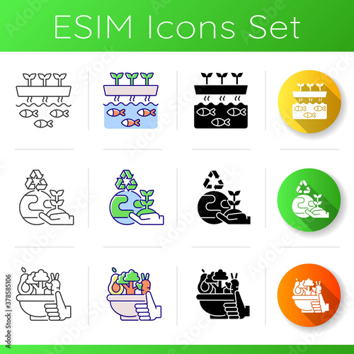Sustainable agricultural production icons set. Aquaponic system. Environmental improvement. Healthy food. Organic veggies. Linear, black and RGB color styles. Isolated vector illustrations