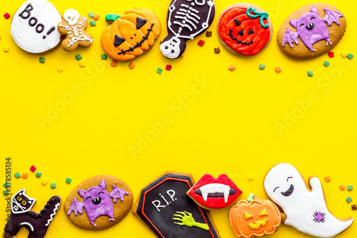 Frame of Halloween gingerbread cookies, top view