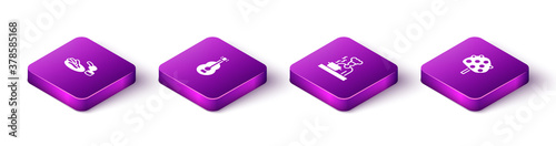 Set Isometric Churros and chocolate, Spanish guitar, cook and Orange tree icon. Vector.