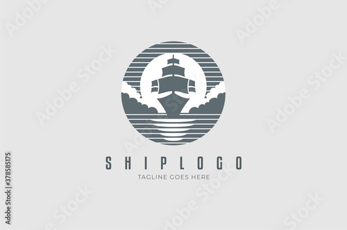 Ship Logo, silhouettee of ship, moonlight and sea combination, vector illustration