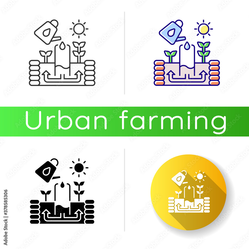 Keyhole garden icon. Watering plants. Structure to cultivate vegetables. Soil irrigation for agricultural production. Linear black and RGB color styles. Isolated vector illustrations