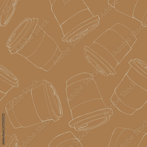 cup paper coffee glass quick cafe tea cappuccino drink on the go brown pattern seamless line sketch repeating vector