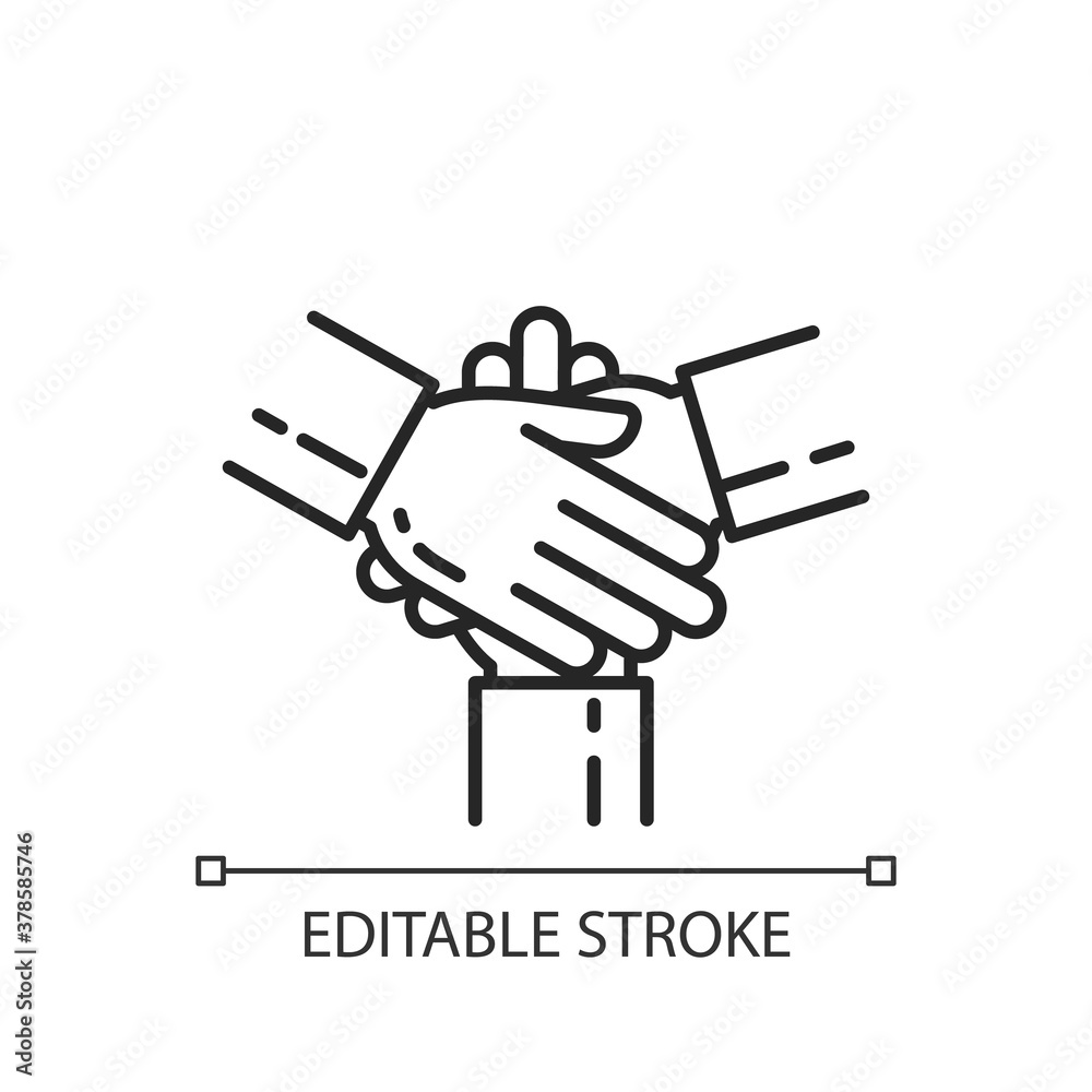 Friendly cooperation linear icon. Welcoming atmosphere. Unity, partnership. Work in group. Thin line customizable illustration. Contour symbol. Vector isolated outline drawing. Editable stroke