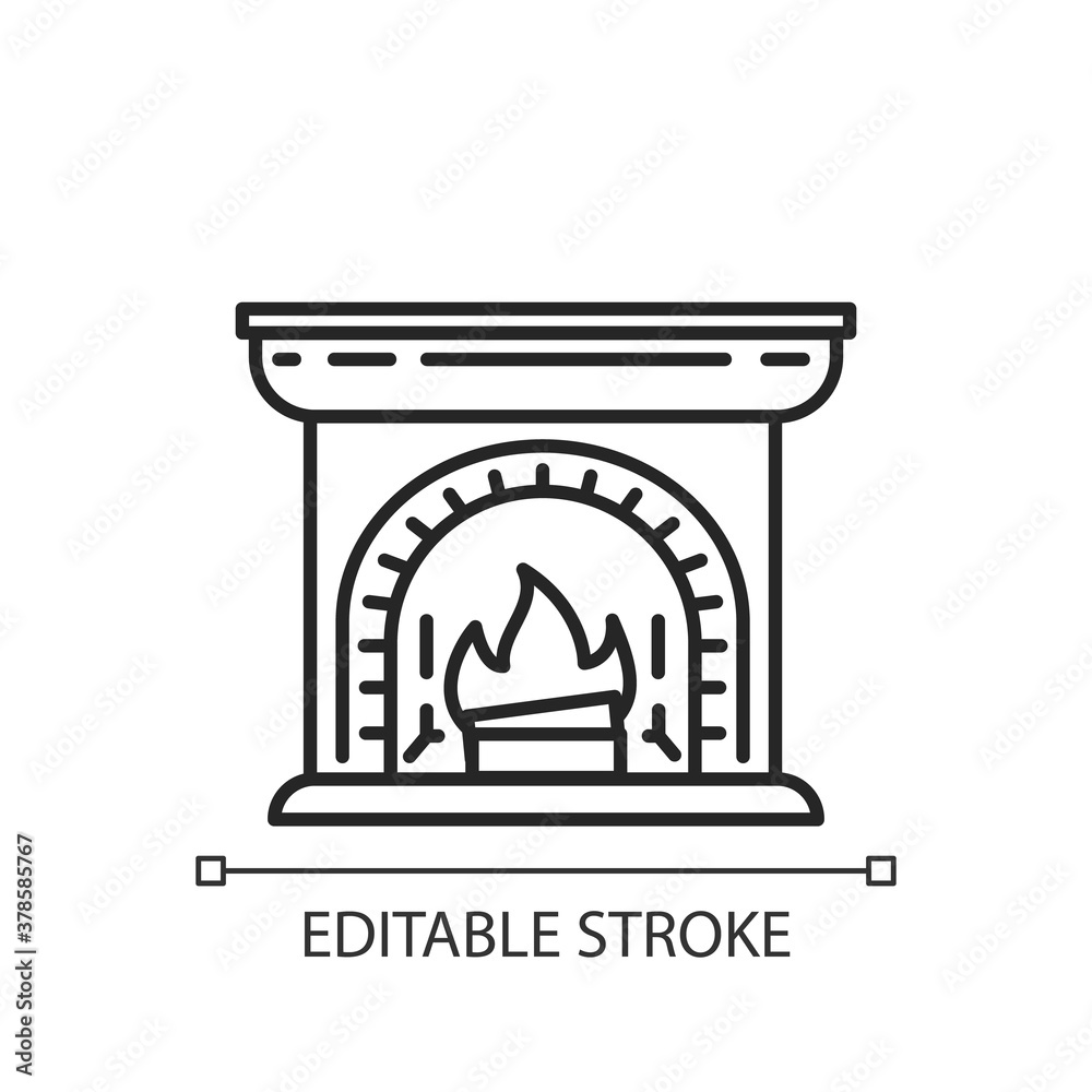 Wood burning fireplace linear icon. House decoration. Lares and penates. Hyggelig mood. Thin line customizable illustration. Contour symbol. Vector isolated outline drawing. Editable stroke