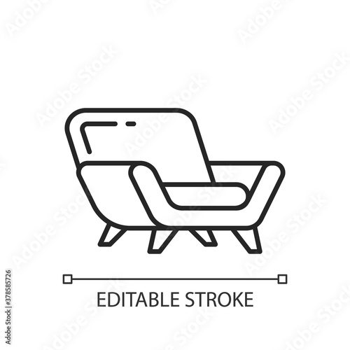 Comfy armchair linear icon. Relaxing on squishy chair. Modern seating. Resting with comfort. Thin line customizable illustration. Contour symbol. Vector isolated outline drawing. Editable stroke