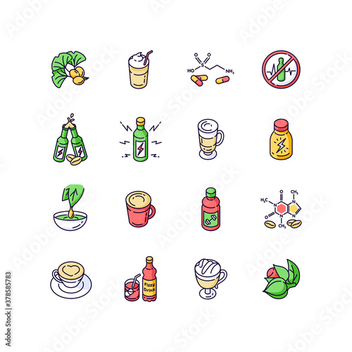 Energy drinks and caffeine RGB color icons set. Gingko biloba. Scientific formula of compound. Coffee mug. Guarana for organic stimulant. Taurine structure. Isolated vector illustrations
