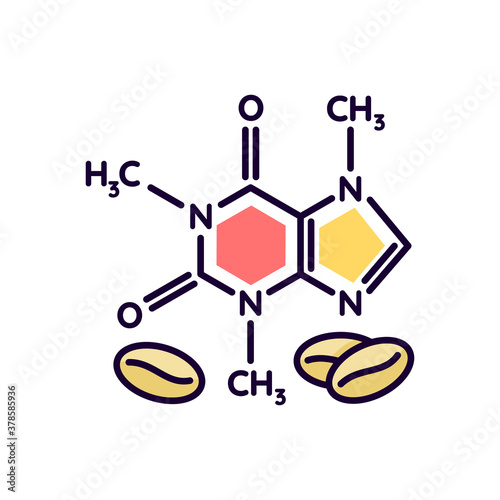 Caffeine RGB color icon. Scientific compound for caffeinated drink. Coffee bean supplement formula. Atomic bond of organic caffeinated additive. Lab examination. Isolated vector illustration
