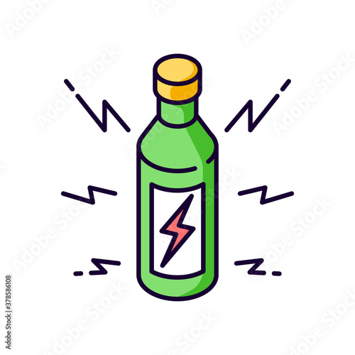 Energy drink RGB color icon. Beverage for power boost. Bottle with bolt sign. Energetic effect. Bottled liquid for stamina. Brew in package. Increase endurance. solated vector illustration