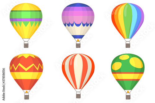 Hot air balloons flat illustration set. Cartoon colorful balloons with baskets isolated on white background vector illustration collection. Flight, sky and summer concept