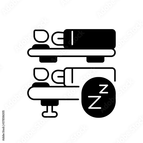 Sleeping car black linear icon. Trip on night train, comfortable intercity travel. Railway transportation service outline symbol on white space. Sleeping passengers vector isolated illustration