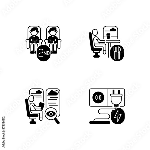 Economy class train services black linear icons set. Second class seats, charging sockets, observation and dining cars glyph contour symbols. Affordable travel. Vector isolated outline illustrations