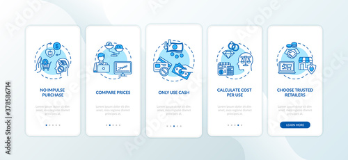 Smart spender tips onboarding mobile app page screen with concepts. Rich lifestyle advices walkthrough 5 steps graphic instructions. UI vector template with RGB color illustrations