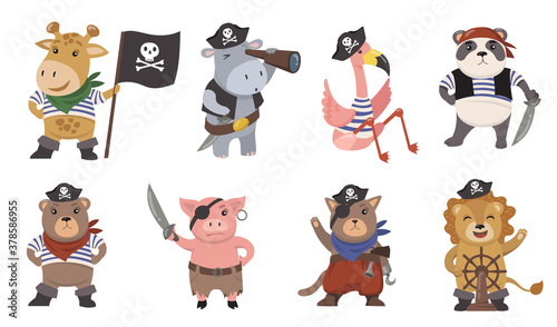 Cute little animal pirates flat illustration set. Cartoon sailors as funny lion, flamingo, pig, cat, giraffe, panda isolated vector illustration collection. Mascots and prints for children concept