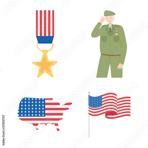 happy veterans day, medal soldier map and american flag icons