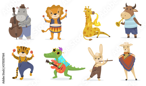 Cute animals playing musical instruments flat illustration set. Cartoon crocodile with guitar, giraffe with sax and lion with drum isolated vector collection. Music and mascots for kids concept
