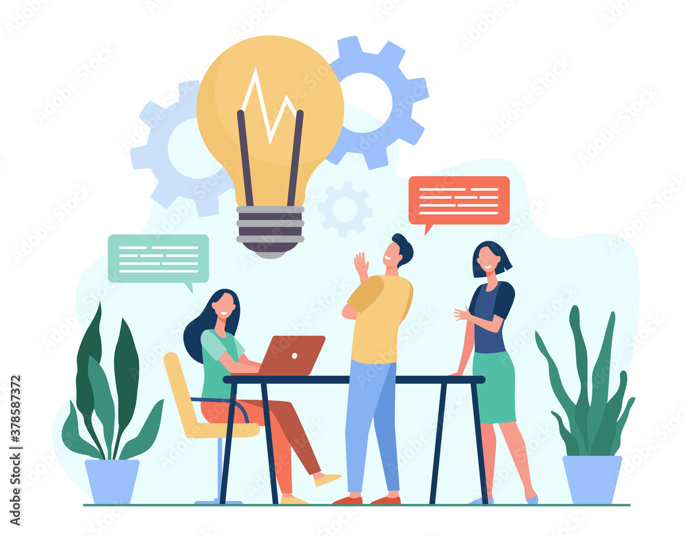 Colleagues sharing thoughts and ideas flat vector illustration. Cartoon  employees thinking about company project or startup in team. Brainstorm,  skill and teamwork concept Stock Vector | Adobe Stock