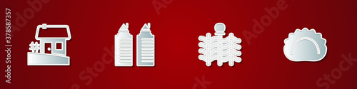 Set Ukrainian house, Two towers Dnipro, Wicker fence and Dumplings icon. Vector.