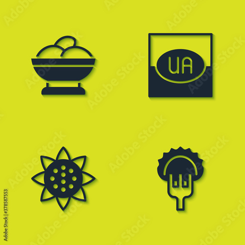 Set Varenyky in a bowl, Dumplings on fork, Sunflower and Flag of Ukraine icon. Vector.