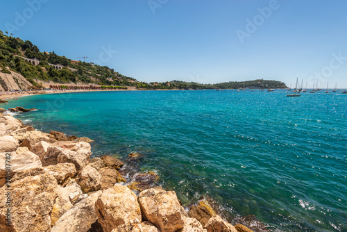The rock at the beach of sea in Villefranche, France.