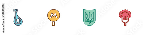 Set Bandura, Metro or Underground, Ukrainian trident and Dumplings on fork icon. Vector.