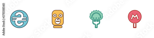 Set Ukrainian hryvnia, Thief mask, Dumplings on fork and Metro Underground icon. Vector.
