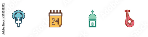 Set Dumplings on fork, Independence day of Ukraine, Church tower and Bandura icon. Vector.