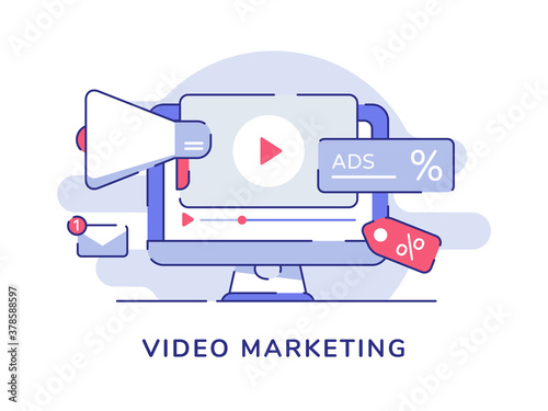 Video marketing concept video icon megaphone on display computer screen with flat outline style