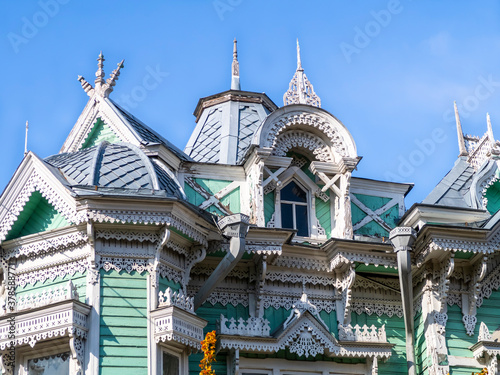 Fragment of old wooden house built in the 19th century in the Siberian city of Tomsk, Russia