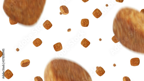 Fotografie Dog food flying around poured in different directions on a white background