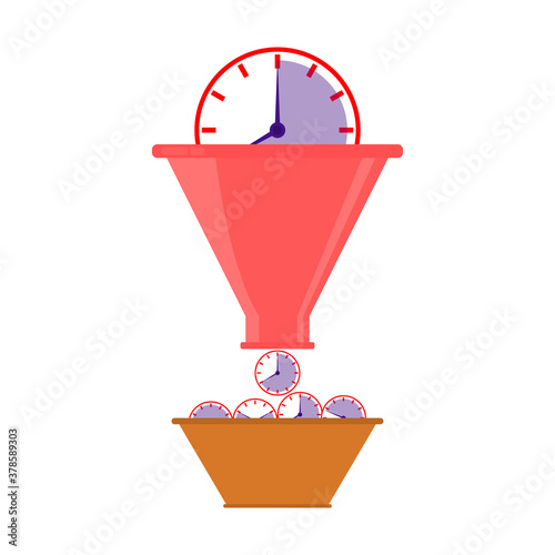 Big clock fall into a funnel and many small clocks is obtained. Time saving concept. Vector illustration.