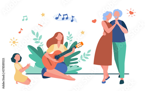 Senior couple dancing at family party. Young woman playing guitar, granddaughter applauding flat vector illustration. Family meeting concept for banner, website design or landing web page