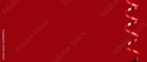 red christmas background with ribbon banner top view copy space