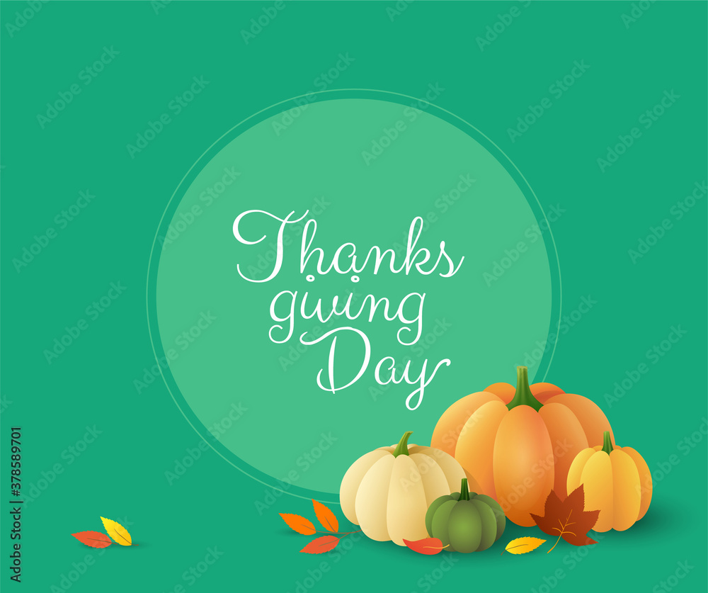 Thanksgiving day beautiful background with vector pumpkins and autumn leaves. Traditional harvest holiday greeting card Thanksgiving day beautiful background with vector pumpkins and autumn leaves. Traditional harvest holiday greeting card
