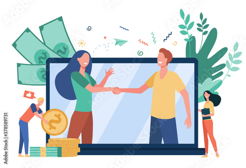 Two business partners handshaking in big laptop screen flat vector illustration. Cartoon characters concluding agreement online. Partnership, teamwork and global negotiation concept