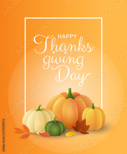 Beautiful Thanksgiving greeting card design with vector pumpkins and leaves on orange background