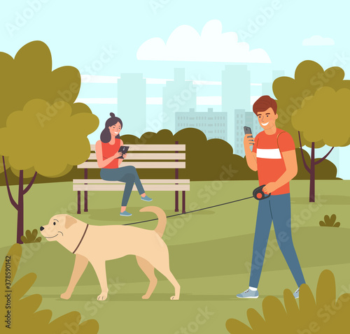 People look at gadgets in the park. Vector flat cartoon style illustration
