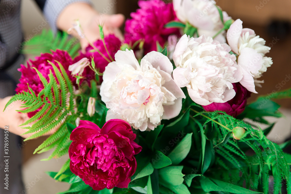 Bouquet of white and red peonies. Bright large flowers. Bouquet of white and red peonies. Bright large flowers.